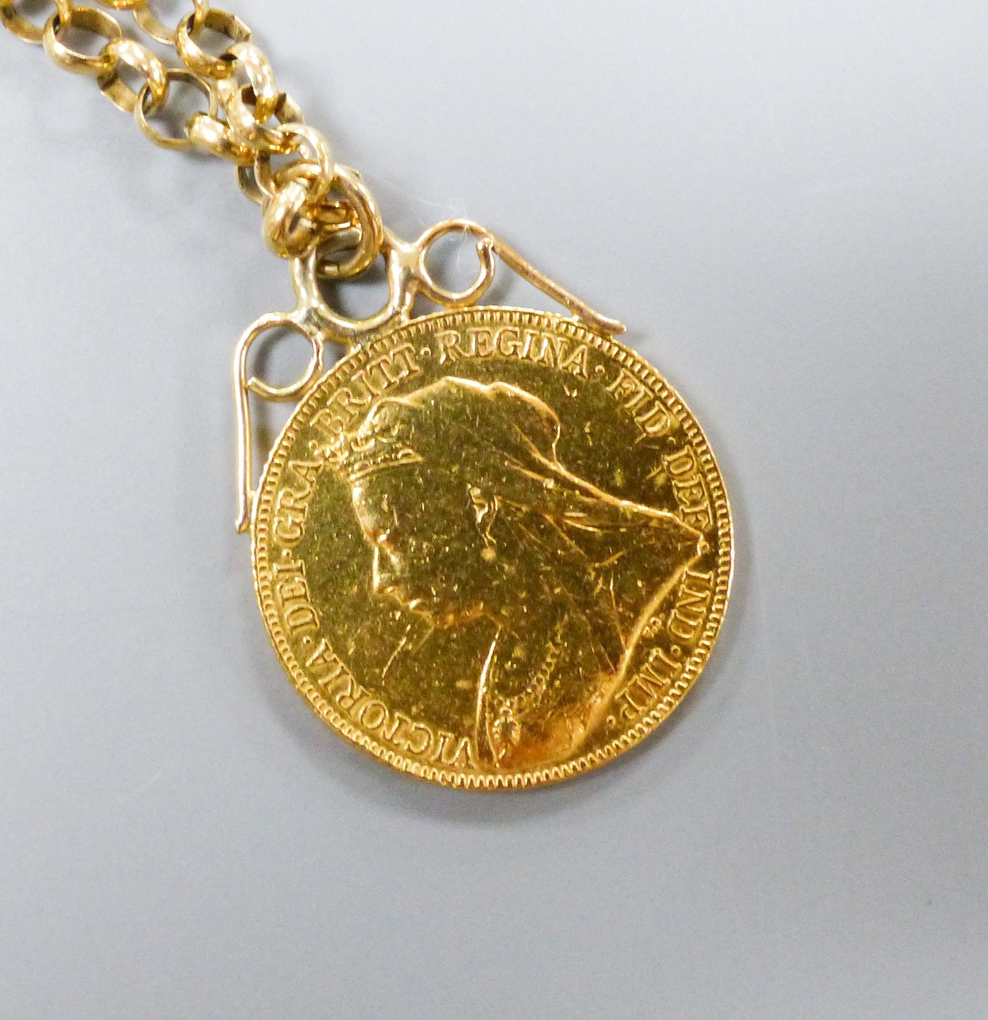 A 1901 gold sovereign on 9ct gold belcher link chain, 60cm, gross weight 19.6 grams.